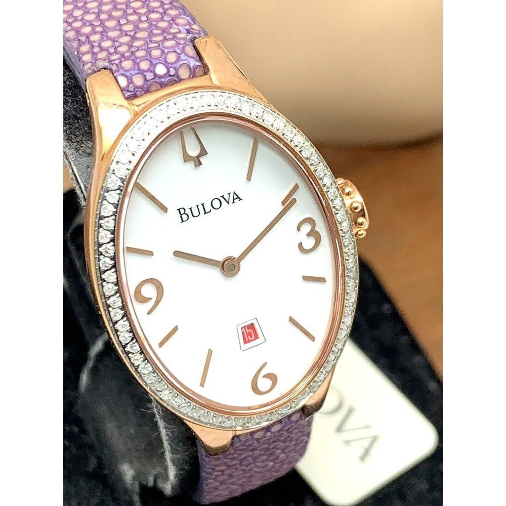 Bulova Women's Watch 98R198 Quartz Diamond White Dial Rose Gold Leather …